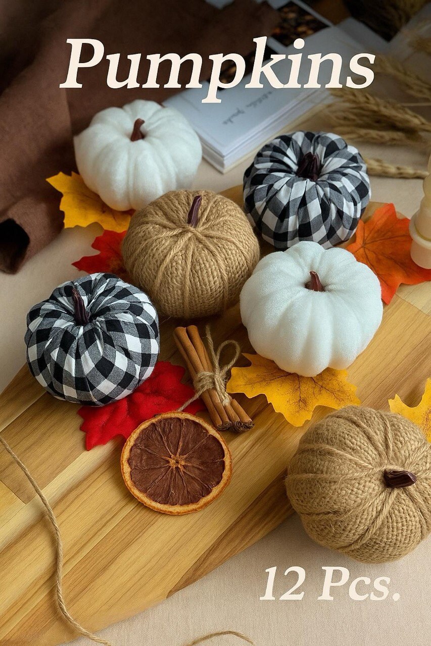 12 PCS Plaid & Burlap Faux Pumpkins – Small Fabric Foam Pumpkins in Black & White for Fall Decor, Thanksgiving, Halloween, Wedding & Farmhouse Decorations